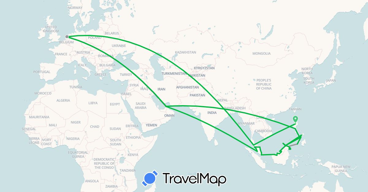 TravelMap itinerary: bus, plane in United Arab Emirates, Brunei, Malaysia, Netherlands, Philippines, Singapore (Asia, Europe)